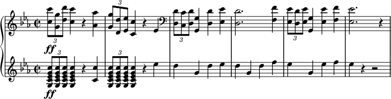 
{ \new PianoStaff <<
\new Staff \relative c'' { \set Staff.midiInstrument = #"piano" \key c \minor \clef treble \time 2/2 \set Score.tempoHideNote = ##t \tempo 2 = 95
  \once \override TupletBracket #'stencil = ##f
  \times 2/3  {
    <c c'>8 \ff <g g'>8 <d' d'>8
  }
  <c c'>4 r4 <as as'>4 | % 2
  \once \override TupletBracket #'stencil = ##f
  \times 2/3  {
    <g g'>8 <d d'>8 <es es'>8
  }
  <c c'>4 r4 es4 | % 3
  \clef "bass" \once \override TupletBracket #'stencil = ##f
  \times 2/3  {
    <d, d'>8 <c c'>8 <d d'>8
  }
  <g, g'>4 <d' d'>4 <es es'>4 | % 4
  <d d'>2. <f f'>4 | % 5
  \once \override TupletBracket #'stencil = ##f
  \times 2/3  {
    <es es'>8 <d d'>8 <es es'>8
  }
  <g, g'>4 <es' es'>4 <f f'>4 | % 6
  <es es'>2. r4
  }
\new Staff \relative g { \set Staff.midiInstrument = #"piano" \key c \minor \clef treble \time 2/2
  \once \override
  TupletBracket #'stencil = ##f
  \times 2/3  {
    <g c es g c>8 \ff <g c es g c>8 <g c es g c>8
  }
  <g c es g c>4 r4 <c c'>4 | % 2
  \once \override TupletBracket #'stencil = ##f
  \times 2/3  {
    <g c es g c>8 <g c es g c>8 <g c es g c>8
  }
  <g c es g c>4 r4 es''4 d4 g,4 d'4 es4 | % 4
  d4 g,4 d'4 f4 | % 5
  es4 g,4 es'4 f4 | % 6
  es4 r4 r2 }
>> }
