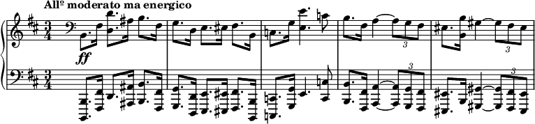 
 \relative c {
  \new PianoStaff <<
   \new Staff { \key b \minor \numericTimeSignature \time 3/4
    \set Score.tempoHideNote = ##t \tempo "Allº moderato ma energico" 4=100
    s16 \clef bass b8.*2/3\ff fis'16 <d' d,>8. ais16 b8. fis16
    g8. d16 e8. eis16 fis8. b,16 c8. g'16 <e' e,>4. c8
    b8. fis16 a4~ \times 2/3 { a8 g fis } eis8. <b' b,>16 gis4~ \times 2/3 { gis8 fis eis }
   }
   \new Staff {
    \key b \minor \time 3/4 \clef bass
    s16 <b, b,>8.*2/3 <fis' fis,>16 d8. <ais' ais,>16 <b b,>8. <fis fis,>16
    <g g,>8. <d d,>16 <e e,>8. <eis eis,>16 <fis fis,>8. <b, b,>16
    <c c,>8. <g' g,>16 e4. <c' c,>8
    <b b,>8. <fis fis,>16 <a a,>4~ \times 2/3 { q8 <g g,> <fis fis,> }
    <eis eis,>8. b16 <gis' gis,>4~ \times 2/3 { q8 <fis fis,> <eis eis,> }
   }
  >>
 }
