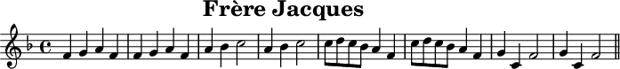 
X:1
T:Frère Jacques
M:4/4
L:1/8
K:F
F2 G2 A2 F2 | F2 G2 A2 F2 | A2 B2 c4 | A2 B2 c4 |
cd cB A2 F2 | cd cB A2 F2 | G2 C2 F4 | G2 C2 F4 ||
