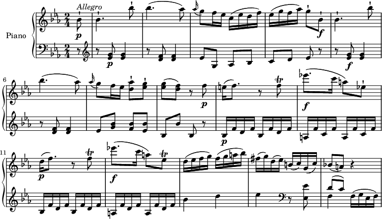 
\version  "2.18.2"
\header {
  tagline = ##f
}
upper = \relative c' {
  \clef treble
  \key ees \major
  \time 2/4
  \tempo "Allegro"
  \tempo 4 = 120
  %\autoBeamOff

    \partial 8 bes'8-! \p ^\markup{ \italic {Allegro } } 
    bes4.-! bes'8-!
    bes4. (aes8)
   \grace aes16 (g8) f16 ees c (ees d f)
    ees (g f aes) g8-! bes,-! \f bes4.-! bes'8-!
    bes4. (aes8)
    \grace aes16 (g8) f16 ees <d aes'>8-! <ees g>-!
    <ees g> (<d f>) r f\p
    e16 (f8.) r8 f  \trill
    ees'!8.\f (c16 a8) ees!-!
    d16  \p (f8.) r8 f  \trill
    ees'!8. \f (c16 a8) ees  \trill
    d16 (ees f g) f (g a bes)
    fis (g) d (ees) b (c) g (c)
    bes!8 (a) r4
}

lower = \relative c' {
  \clef bass
  \key ees \major
  \time 2/4
  \partial 8 r8
  \clef treble
   r <ees g>8 \p <ees g>4
  r8 <d f>8 <d f>4
  ees8 g, aes bes
  c d ees r
  r <ees g>8 \f <ees g>4
  r8 <d f>8 <d f>4
  ees8 <g bes> <f bes> <ees bes'>
  bes bes' bes, r
  bes16 \p f' d f bes, f' d f
  \repeat unfold 2 {a, f' c f}
  \repeat unfold 2 {bes, f' d f}
  \repeat unfold 2 {a, f' d f}
  bes4 d ees \clef bass r8 <ees,, ees'>8
  <<{\stemDown f4} \\ {\stemUp d'8 ^(c)}>>
  f,16 (g ees f)
}
\score {
  \new PianoStaff <<
    \set PianoStaff.instrumentName = #"Piano"
    \new Staff = "upper" \upper
    \new Staff = "lower" \lower
  >>
  \layout {
    \context {
      \Score
      \remove "Metronome_mark_engraver"
    }
  }
  \midi { }
}
