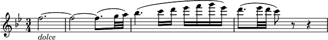  { \relative f'' { \key bes \major \time 3/4
f2.~ _\markup { \italic "dolce" } | f2~ f8.( g32 a) | bes4.( c16 d es f g es) |
d8.( es32 d c8) r r4}}