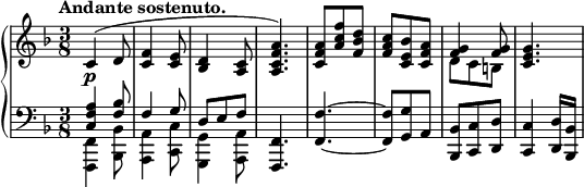 
\relative c' {
  \new PianoStaff <<
   \new Staff { \key f \major \time 3/8 \set Score.tempoHideNote = ##t \tempo "Andante sostenuto." 4=100
    <<
     {
      c4( d8 <f c>4 <e c>8 <d bes>4 <c a>8 <a'f c a>4.)
      <a f c>8( <f' c a> <d bes f> <c a f> <bes e, c> <a f c> <g f>4 q8 <g e c>4.
     }
    \\
     { s4.\p s s s s s d8 c b s4. }
    >>
   }
   \new Staff { \key f \major \time 3/8 \clef bass
    <<
     {
      <a f c>4 <bes f>8 f4 g8 d e f <f, f,>4.
      <f'~ f,_~>4. <f f,>8 <g g,> a, <bes bes,> <c c,> <d d,> <c c,>4 <d d,>16 <bes bes,>
     }
    \\
     { <f f,>4 <bes bes,>8 <a a,>4 <c c,>8 <g g,>4 <a a,>8 }
    >>
   }
  >>
 }
