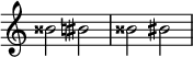 { \omit Score.TimeSignature \relative c'' { bisis2 bis \accidentalStyle modern bisis2 bis } }