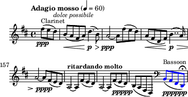 
\header { tagline = ##f }
\score {
  \new Staff \with{ \magnifyStaff #4/5 }{
    \override Score.SpacingSpanner #'common-shortest-duration = #(ly:make-moment 1 2)
    \relative c'' {
      \key d \major \time 4/4 \partial 8*3
      \override Score.MetronomeMark.font-size = #-1
      \tempo "Adagio mosso" 4 = 60
      \set Score.currentBarNumber = #154
      \set Staff.midiInstrument = #"clarinet"
      fis8(^\markup{"Clarinet"} \ppp e d)^\markup{\italic "dolce possibile"} |
      b( \< a fis a) d4.( \p \> b8) a2 \ppp ~a8 
      fis'( e d) a( \< fis d fis) b4..( \p \> a16) a2 ~a8\pppp 
      fis( e d)  a2^\markup{\bold "ritardando molto"} ~a8
      fis'( e d) a2\>\! ~a8 
      fis'(_\markup{\dynamic "ppppp" } e d) b( a fis d)
      \clef bass 
      \set Staff.midiInstrument = #"bassoon"
      \override Stem.color     = #(x11-color 'blue)
      \override NoteHead.color = #(x11-color 'blue)
      \override Beam.color     = #(x11-color 'blue)
      %\override Slur.color     = #(x11-color 'blue)
      %\override Script.color = #(x11-color 'blue)
      b8(^\markup{"Bassoon"}_\markup {\dynamic "pppppp" } a fis d)\fermata 
    }
  }
  \layout {indent = 0\mm line-width = 90\mm}
}
\score {
  \new Staff{
    \relative c'' {
      \key d \major \time 4/4 \partial 8*3
      \set Staff.midiInstrument = #"clarinet"
      \tempo 4 = 57
      fis8(\p e d) | b( \< a fis a) d4.( \f \> b8)\p \tempo 4 = 48 a2 ~a8 
      \tempo 4 = 57
      fis'( e d) a( \< fis d fis) b4..( \f \> \tempo 4 = 48 a16)\p a2 ~a8 
      \tempo 4 = 57
      fis(\p e d) \tempo 4 = 42 a2 ~a8 
      \tempo 4 = 48
      fis'(\pp e d) \tempo 4 = 36 a2 ~a8 
      \tempo 4 = 40
      fis' e  d) \tempo 4 = 32 b( a \tempo 4 = 28 fis\pp \tempo 4 = 24 d)
      \clef bass 
      \set Staff.midiInstrument = #"bassoon"
      b8( \ffff \tempo 4 = 22 a \tempo 4 = 20 fis \tempo 4 = 10 d)
    }
  }
  \midi {}
}
