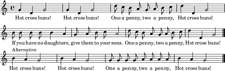 
\layout { \context { \Score \remove "Bar_number_engraver" } }
\relative c'' { \tempo 4 = 120 \time 4/4 \key c \major \autoBeamOff \set Score.tempoHideNote = ##t \set Staff.midiInstrument = #"clarinet"
g4 d g2 | g4 d g2 | d'8 c b a g a b c | d4 d, g2 | b8 b b b b4 a | g8 a b c a2 | d8 c b a g a b c | d4 d, g2 \bar "|."
b4^"Alternative" a g2 | b4 a g2 | g8 g g g a a a a | b4 a g2 \bar "|." }
\addlyrics { Hot cross buns! Hot cross buns! One a pen -- ny, two a pen -- ny, Hot cross buns! If you have no daugh -- ters, give them to your sons. One a pen -- ny, two a pen -- ny, Hot cross buns!
             Hot cross buns! Hot cross buns! One a pen -- ny, two a pen -- ny, Hot cross buns! }
