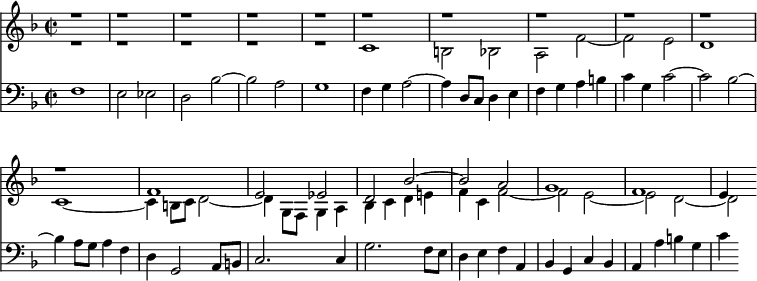 
{
<< <<
\new Staff { \clef treble \key f \major \tempo 4=120 \set Staff.midiInstrument = "flute" {
      \set Score.tempoHideNote = ##t
      \override Score.BarNumber #'transparent = ##t
      \time 2/2
      \relative c
      << { r1 | r | r | r | r | %5
        r | r | r | r | r | %10
        r | f'1 | e2 es | d bes'~ | bes a | %15
        g1 | f | e4 } \\ { r1 | r | r | r | r | %5
        c1 | b2 bes | a f'~ | f e | d1 | %10
        c1~ | c4 b8 c d2~ | d4 g,8 f g4 a | bes c d e! | f c f2~ | %15
        f e2~ | e d2~ | d } >>
    }
  }
\new Staff { \clef bass \key f \major \set Staff.midiInstrument = "flute" {
     \relative c
     { f1 | e2 es | d bes'~ | bes a | g1 | %5
       f4 g a2~ | a4 d,8 c d4 e | f g a b | c g c2~ | c bes~ | %10
       bes4 a8 g a4 f | d g,2 a8 b | c2. c4 | g'2. f8 e | d4 e f a, | %15
       bes g c bes | a a' b g | c
     }
    }
  }
>> >>
}
