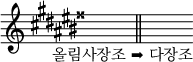 { \omit Score.TimeSignature \key gis \major _\markup { \halign #-.3 "올림사장조 ➡ 다장조" } s^"" \bar "||"s^"" }