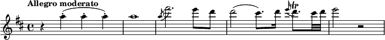 
\version "2.18.2"
\relative c'' {\set Staff.midiInstrument = #"violin"
  \key d \major
  \time 4/4
  \tempo "Allegro moderato"
  \tempo 4 = 180
  r4 a'-. (a-. a-.)
  a1
  \acciaccatura a8 fis'2. e8 d
  d2 (cis8.) d16 \grace e16 (d8.)\trill cis32 d
  e2 r
}
