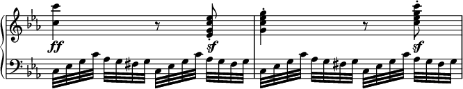 
 \relative c' {
  \new PianoStaff <<
   \new Staff \with { \remove "Time_signature_engraver" } { \key es \major \time 2/4
    <c'' c,>4 r8 <es, c g es>8-. <g es c g>4-. r8 <c g es c>-.
   }
   \new Dynamics {
    s4\ff s8 s\sf s4. s8\sf
   }
   \new Staff \with { \remove "Time_signature_engraver" } { \key es \major \time 2/4 \clef bass
    c,,,32[ es g c] aes g fis g c,[ es g c] aes g fis g
    c,[ es g c] aes g fis g c,[ es g c] aes g fis g
   }
  >>
 }
