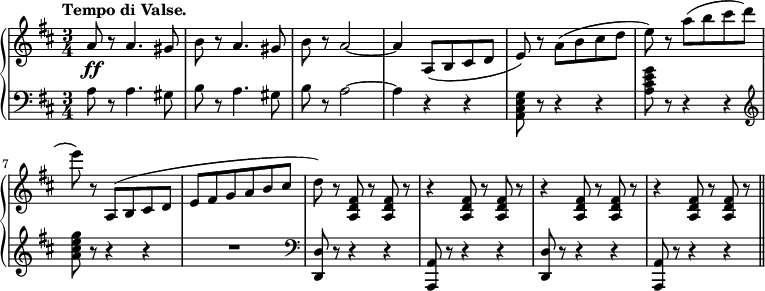 
 \relative b' {
  \new PianoStaff <<
   \new Staff {
    \key b \minor \time 3/4
    \set Score.tempoHideNote = ##t
    \tempo "Tempo di Valse." 2. = 64
    a8\ff r a4. gis8 | b r a4. gis8 | b r a2 ~ | a4 a,8( b cis d | e) r a( b cis d | e) r a( b cis d | e) r a,,,( b cis d | e fis g a b cis |
    d) r <a, d fis>8 r <a d fis> r | r4 <a d fis>8 r <a d fis> r | r4 <a d fis>8 r <a d fis> | r r4 <a d fis>8 r <a d fis> r | \bar "||"
   }
   \new Staff {
    \key b \minor \time 3/4 \clef bass
    a8 r a4. gis8 | b r a4. gis8 | b r a2 ~ | a4 r4 r | <g e cis a>8 r r4 r | <a cis e g>8 r r4 r | \clef treble <a' cis e g>8 r r4 r | R2. |
    \clef bass <d,,, d'>8 r r4 r | <a a'>8 r r4 r | <d d'>8 r r4 r | <a a'>8 r r4 r |
   }
  >>
 }
