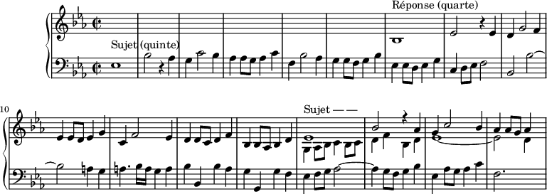 
\version "2.14.2"
\header {
  tagline = ##f
}

upper = \relative c' {
  \clef treble 
  \key ees \major
  \time 2/2
  \tempo 2 = 78
  \set Staff.midiInstrument = #"harpsichord"

    s1*6
    bes1^\markup{Réponse (quarte)  } ees2 r4 ees4 | d g2 f4 ees ees8 d ees4 g | c, f2 ees4 d d8 c d4 f bes, bes8 aes bes4 d
    << { ees1^\markup{Sujet — — } bes'2 r4 aes4 g c2 bes4 aes aes8 g aes4 } \\ { g,4 aes8 bes c4 bes8 c d4 f bes, d ees1~ ees2 d4 s4 } >>

}

lower = \relative c {
  \clef bass
  \key ees \major
  \time 2/2
  \set Staff.midiInstrument = #"harpsichord"

    ees1^\markup{Sujet (quinte) } bes'2 r4 aes g c2 bes4 aes aes8 g aes4 c f, bes2 aes4 g g8 f g4 bes
    ees,4 ees8 d ees4 g 
    c,4 d8 ees f2 bes, bes'~ bes a!4 g a4. bes16 a g4 a bes bes, bes' aes g g, g' f 
    ees f8 g aes2~ aes4 g8 f g4 bes ees, aes8 g aes4 c f,2. s4

}

\score {
  \new PianoStaff <<
    % \set PianoStaff.instrumentName = #""
    \new Staff = "upper" \upper
    \new Staff = "lower" \lower
  >>
  \layout {
    \context {
      \Score
      \override SpacingSpanner.common-shortest-duration = #(ly:make-moment 1/2) % marche pas !
      \remove "Metronome_mark_engraver"
    }
  }
  \midi { }
}
