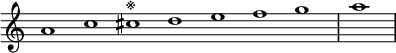 
\relative c'' {  
   \new Staff \with { \remove "Time_signature_engraver" }  
   { \key a \minor  \time 1/1 \cadenzaOn a1 c cis^"※" d e f g  \bar "|" a \bar"|"}
   }
