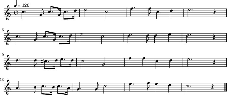 
\relative {
    \set Staff.midiInstrument = #"piano"
	\key c \major
	\time 4/4
	\tempo 4 = 120
    \new Voice \relative c' {
	c'4. g8 c8. g16 c8. d16 e2 c2 f4. f8 c4 d4 e2. r4 \bar "|" \break
    c4. g8 c8. g16 c8. d16 e2 c2 d4. d8 d4 e4 d2. r4 \bar "|" \break
    d4. d8 cis8. d16 e8. d16 c2 g2 f'4 f4 c4 d4 e2. r4 \bar "|" \break
    a,4. b8 c8. b16 c8. a16 g4. g8 c2 e4. f8 e4 d4 c2. r4 \bar "|."
    }
}
