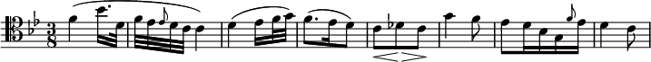   {
\relative c' { \clef tenor \key bes \major \time 3/8
  f( bes16. d,32 | f ees \grace ees8 d32 c c4) | d( ees16 f32 g) | f8.( ees16 d8) | c\< des\!\> c\! | g'4 f8 | ees d16 bes g \grace f'8 ees16 | d4 c8
} }
\layout { \context {\Score \omit BarNumber} line-width = #180 }
