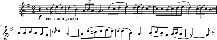 
\header {
  tagline = ##f
}

\score {
  \new Staff \with {

  }
<<
  \relative c'' {
    \key g \major
    \time 3/4
    \tempo 4 = 170
    \override TupletBracket #'bracket-visibility = ##f 
    \set Staff.midiInstrument = #"cello"
    %\autoBeamOff

     %%%%%%%%%%%%%%%%%%%%%%%%%% La Musica Notturna delle strade di Madrid
     r4\f r8_"con mala grazia" d8( e[ d]) d4( b) \times 2/3 { a8( b a) }
     g4. d'8( c d e4-.) \times 2/3 { d8( e d) } c4~ c8 c b( c) d( e d4-.) \times 2/3 { c8( d c) } b4~ b8 b c b a g \grace cis8 d4-. a2~ a8 d( cis d e d ) \grace d8 d4( b) a b8( c b) g a16( b a8 g2.~) g8 r8

  }
>>
  \layout {
     \context { \Score \remove "Metronome_mark_engraver" }
  }
  \midi {}
}
