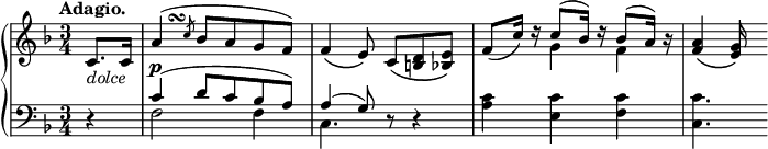 
 \relative c' {
  \new PianoStaff <<
   \new Staff { \key f \major \time 3/4 \tempo "Adagio." \partial 4
    <<
     {
      \override TextScript #'avoid-slur = #'inside
      \override TextScript #'outside-staff-priority = ##f
      c8. c16 a'4^\markup    
      \override #'(baseline-skip . 1) {
      \halign #-3
      \musicglyph #"scripts.turn"
      }( \slashedGrace c8 bes8 a g f) f4_\( e8\) c_\([ <d b> <e bes>]\)
      f_\( c'16\) d\rest c8( bes16) d\rest bes8( a16) b\rest <a f>4_\( <g e>16\)
     }
    \\
     { s4 s 2. s s4 g4 f }
    >>
   }
   \new Dynamics {
    s4_\markup \italic dolce s\p
   }
   \new Staff { \key f \major \time 3/4 \clef bass
    <<
     { d,4\rest c'( d8 c bes a) a4( g8) d8\rest d4\rest }
    \\
     { s4 f2 f4 c4. s <c' a>4 <c e,> <c f,> <c c,>4. }
    >>
   }
  >>
 }
