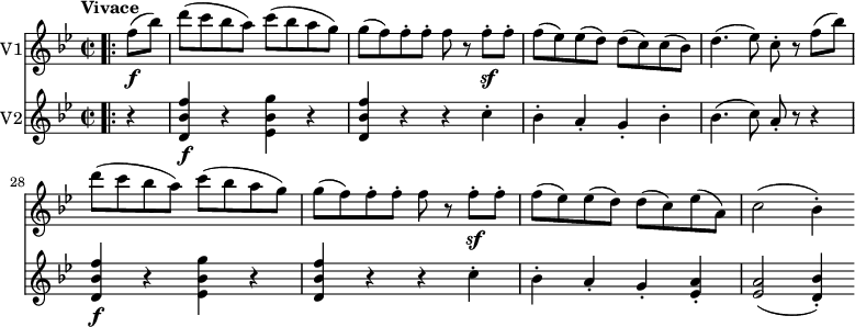 
 \version "2.18.2"
<<
  \new Staff \with { instrumentName = #"V1"}
\relative c'' {
  \key bes \major
  \time 2/2
  \tempo "Vivace"
  \tempo 4 = 200
  \set Score.currentBarNumber = #24

 \bar ".|:"
 \partial 4 f8 \f (bes) d (c bes a) c (bes a g)
  g (f) f-. f-. f r f-.\sf f-.
  f (ees) ees (d) d (c) c (bes)
  d4. (ees8) c-. r f (bes) d (c bes a) c (bes a g)
  g (f) f-. f-. f r f-.\sf f-.
  f (ees) ees (d) d (c) ees (a,)
  c2 (bes4-.)
}

\new Staff \with { instrumentName = #"V2"}
\relative c' {
  \key bes \major
  \time 2/2

   \bar ".|:"
   \partial 4 r4
   <d bes' f'>4\f r <ees bes' g'> r
   <d bes' f'> r r c'-.
   bes-. a-. g-. bes-.
   bes4. (c8) a-. r r4
  <d, bes' f'>4\f r <ees bes' g'> r
   <d bes' f'> r r c'-. 
   bes-. a-. g-. <ees a>-.
   <ees a>2 (<d bes'>4-.)
}
>>
