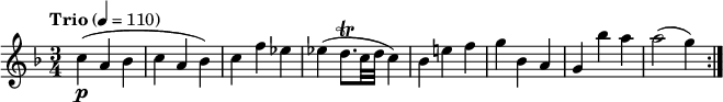 
\relative c' {
  \version "2.18.2"
  \key f \major
  \time 3/4
  \tempo "Trio" 4 = 110
  c'4\p (a bes c a bes) 
  c f ees
  ees (d8.\trill c32 d c4)
  bes e! f 
  g bes, a
  g bes' a
  a2 (g4)  \bar ":|."
}
