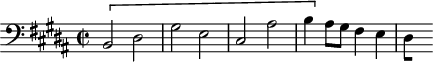 
\version "2.18.2"
\header {
  tagline = ##f
}

\score {
  \new Staff \with {

  }
<<
  \relative c {
    \clef bass
    \key b \major
    \time 2/2

     %% SUJET fugue CBT II-23, BWV 892, si majeur
     \[ b2 dis gis e cis ais' b4 \] ais8 gis fis4 e 
{ 
 % suppression des warnings :
 #(ly:set-option 'warning-as-error #f)
 #(ly:expect-warning (_ "stem does not fit in beam")) %% <= à traduire éventuellement
 #(ly:expect-warning (_ "beam was started here")) %% <= à traduire éventuellement
  \set stemRightBeamCount = #1
  dis4*1/2[ s]
} 

  }
>>
  \layout {
     \context { \Score \remove "Metronome_mark_engraver"
        }
  }
  \midi {} 
}
