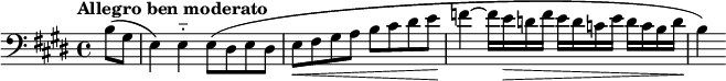 
\relative c' { \set Staff.midiInstrument = #"bassoon"
  \tempo "Allegro ben moderato"
  \tempo 4 = 116
  \clef bass
  \key e \major
  \time 4/4
  \partial4 b8( gis e4) e-_ e8( dis e dis e\< fis gis a b cis dis e\! f4~f16 e\> d f e d c e d c b d\! b4)
}
