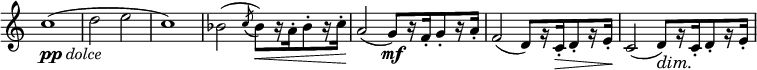 
\relative c'' \new Staff \with { \remove "Time_signature_engraver" } {
 \set Score.tempoHideNote = ##t \tempo "" 2=100 \key a \minor \time 2/2
 c1_\markup { \dynamic pp \italic dolce } ( d2 e c1)
 bes2( \acciaccatura c8 bes\< ) [ r16 a-. bes8-. r16 c-.\! ]
 a2( g8\mf ) [ r16 f-. g8-. r16 a-.] f2( d8) [ r16 c-.\> d8-. r16 e-.\! ]
 c2( d8\dim) [ r16\! c-. d8-. r16 e-.]
}
