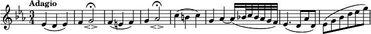 
\relative es' {\set Staff.midiInstrument = #"violin"
  \key es \major \time 3/4
  \tempo "Adagio"
  \tempo 4 = 40
  es4( d es)
  f4 g2\espressivo \fermata
  f4( e f)
  g4 as2 \espressivo \fermata
  c4( b c)
  g4 as~ as16( bes!32 c bes as g f)
  es4.( d8 as' d,)
  es8( g bes d es g)
} 