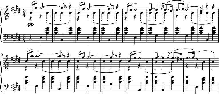 
 \relative b' {
  \new PianoStaff <<
   \new Staff { \key cis \minor \time 3/4
    <<
   {
     b8( gis') gis2.~ gis8 r r4 b,8( fis') fis2.~ fis8 r r4 b,8( e) e2-- e4--~ e4 \slashedGrace fis8( e8.)( dis16 e8. fis16) e2( dis4) r r cis8( a') a2.~ a8 r r4 cis,8( gis') gis2.~ gis8 r r4 cis,8( fis) fis2-- fis4--~ fis4 \slashedGrace gis8( fis8.)( eis16 fis8. gis16) e2( b4-.)
   }
    \\
   {
      r4 r b4-.( b-. b-. b-.) r4 r b4-.( b-. b-. b-.) r r b4-.( b-. b-. b-.) r r b4-.( b-. b-. b-.) r r cis4-.( cis-. cis-. cis-.) r4 r cis4-.( cis-. cis-. cis-.) r4 r b4-.( b-. b-. b-.) r4 r b4-. b-.
   }
    >>
   }
   \new Dynamics {
    s4\pp
   }
   \new Staff { \key cis \minor \time 3/4 \clef bass
      r e,, <b' e gis> <b e gis> b, <b' e gis> <b e gis> e, <b' e gis> <b e gis> b, <b' e gis> <b e gis> e, <b' e gis> <b e gis> gis <b e gis> <b e gis> fis <b e a> <b dis a'> b, <b' dis a'> <b dis a'> fis <cis' fis a> <cis fis a> cis, <cis' fis a> <cis fis a> fis, <cis' fis a> <cis fis a> a <cis fis a> <cis fis a> b, <b' dis a'> <b dis a'> b, <b' dis a'> <b dis a'> e, <b' e gis> <b e gis>
   }
  >>
 }
