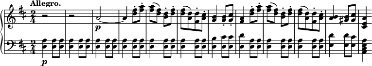 
 \relative b' {
  \new PianoStaff <<
   \new Staff { \key b \minor \time 2/4
    \tempo \markup {
     \column {
      \line { Allegro. }
 }
   }
    r2 r a2~\p a4 <d fis>8-. <fis a>8-. <fis a>8( <d fis>) <b d>8-. <d fis>8-. <d fis>8[( <a d>) <fis d'>8-. <a cis>8-.] <g b>4 <g b>8-. <g cis>8-. <fis a>4 <d' fis>8-. <fis a>8-. <fis a>8( <d fis>) <b d>8-. <d fis>8-. <d fis>8[( <a d>) <fis d'>8-. <a cis>8-.] <a b>4 <gis b>8 <gis cis>8 <cis, e a>4
   }
   \new Dynamics {
    
    }
   \new Staff { \key b \minor \time 2/4 \clef bass
    <d, a'>4\p <d a'>8 <d a'> <d a'>4 <d a'>8 <d a'> <d a'>4 <d a'>8 <d a'> <d a'>4 <d a'>8 <d a'> <d a'>4 <d a'>8 <d a'> <d a'>4 <d a'>8 <d a'> <d b'>4 <d cis'>8 <d cis'> <d d'>4 <d a'>8 <d a'> <d a'>4 <d a'>8 <d a'> <d a'>4 <d a'>8 <d a'> <e d'>4 <e d'>8 <e cis'> <a, cis e a>4
   }
  >>
 }
