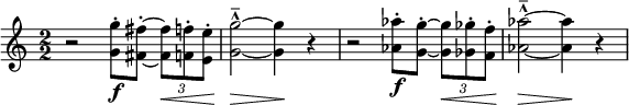 
\relative c'' {
 \numericTimeSignature
 \time 2/2
   r2 <g' g,>8-.\f[ <fis fis,>-.] ~ \tuplet 3/2 { <fis fis,>\< <f f,>-. <e e,>-. } | 
   <g g,>2-^--\> ~ <g g,>4\! r4 | 
   r2 <aes aes,>8-.\f[ <g g,>-.] ~ \tuplet 3/2 { <g g,>\< <ges ges,>-. <f f,>-. } |
   <aes aes,>2-^--\> ~ <aes aes,>4\! r4 | 
 }
