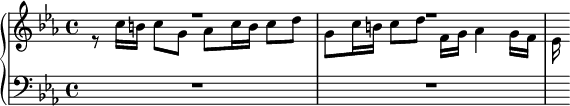 
{
      <<
      \new PianoStaff <<
        \new Staff <<
           \clef treble \key c \minor \time 4/4
           \set Score.tempoHideNote = ##t
           \tempo 4 = 80
           \new Voice \relative c'' {
                \voiceOne R1 | R1 |
                }
           \new Voice \relative c'' {
                \voiceTwo r8 c16 b c8 g as c16 b c8 d |
                g,8 c16 b c8 d f,16 g as4 g16 f |
                es16
                }
            >>
        \new Staff <<
           \clef bass \key c \minor \time 4/4
           \new Voice \relative c' {
                R1 | R1 | s16
                }
            >> >>
    >>  }
