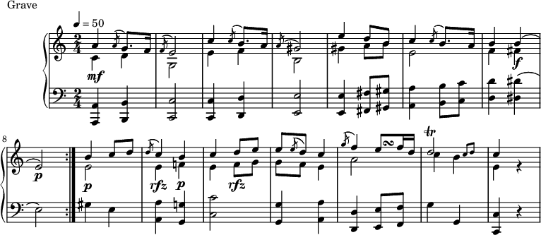 
\version "2.18.2"
\header {
  tagline = ##f
}
upper = \relative c' {
  \clef treble 
  \key a \minor
  \time 2/4
  \tempo 4 = 50
  %\autoBeamOff

   %%Montgeroult — Étude 60 (pdf p. 190)
   << { a'4 \acciaccatura a8 g8. f16 \acciaccatura f8 e2 c'4 \acciaccatura c8 b8. a16 \acciaccatura a8 gis2 e'4 d8 b c4 \acciaccatura c8 b8. a16 b4 b( e,2)\p } \\ { c4\mf d g,2 e'4 f b,2 gis'4 a8 b e,2 f4 fis\f } >> \bar ":|."
   << { b4 c8 d \acciaccatura d8 c4 b c d8 e e \acciaccatura e8 d c4 \acciaccatura g'8 f4 e8 f16 d \afterGrace d2\trill { c8[ d] } c4 } { s2*4 s4 s16 s32\turn } \\ { e,2\p e4\rfz f!\p e f8\rfz g g f e4 a2 c4 b e, r4 } >>


}

lower = \relative c {
  \clef bass
  \key a \minor
  \time 2/4

   < a a, >4 < b b, > < c c, >2 q4 < d d, >4 < e e, >2 q4 < fis fis, >8 < gis gis, > < a a, >4 < b b, >8 < c c, > < d d, >4 < dis dis, >( e,2)
   gis4 e < a a, > < g! g, > < c c, >2 < g g, >4 < a a, > < d, d, > < e e, >8 < f f, > g4 g, < c c, >4 r4

}

  \header {
    piece = "Grave"
  }

\score {
  \new PianoStaff <<
    \new Staff = "upper" \upper
    \new Staff = "lower" \lower
  >>
  \layout {
    \context {
      \Score
      
    }
  }
  \midi { }
}
