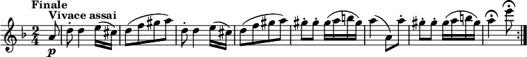 
\version "2.18.2"
\relative c'' {\set Staff.midiInstrument = #"violin"
  \key d \minor
  \time 2/4
  \tempo "Finale"
  \tempo 4 = 146
  \partial 8 a8^\markup\bold{Vivace assai}\p
  d-. d4 e16 (cis)
  d8 ([f gis a])
  d,-. d4 e16 (cis)
  d8 ([f gis a])
  gis-. gis-. gis16 (a b gis) 
  a4 (a,8) a'-.
  gis-. gis-. gis16 (a b gis) 
  a4\fermata e'8\fermata \bar ":|."
}
