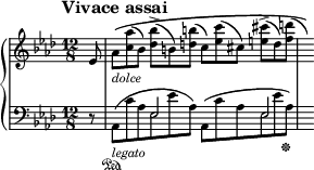 
\new PianoStaff <<
\new Staff = "Up" \with { \magnifyStaff #3/4 } <<
\new Voice \relative c' {
\clef treble
\tempo "Vivace assai"
\set Score.tempoHideNote = ##t \tempo 4. = 152

\time 12/8
\key aes \major
\partial 8
ees8 aes_\markup{\italic dolce} \(<c aes'> (bes) <des bes'>-> (b) <d b'> (c) <ees c'> (cis) <e cis'>-> (d) <f d'> (\hide r8)\)
}
>>
\new Staff = "Down" \with { \magnifyStaff #3/4 } <<
\new Voice \relative c{
\clef bass
\key aes \major
\stemDown
\mergeDifferentlyHeadedOn
r8 aes_\markup{\italic legato} \sustainOn ([c' aes ees ees' aes,]) aes, ([c' aes ees ees' aes, \sustainOff ])
}
\new Voice \relative c{
\stemUp
s8 s4. ees2 s4 ees2
}
>>
>>
