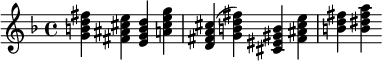  {\tempo 4 = 80
\set Score.tempoHideNote = ##t
{\key d \minor
\chordmode {g:maj7 fis:7 e:m7 a:7 d:maj7 (g:maj7) cis:7 fis:7 b:m b:7}
}}