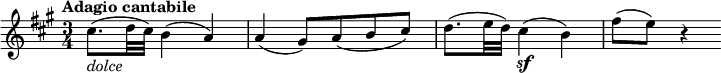  \relative cis'' {\set Staff.midiInstrument = #"violin"
\key a \major \time 3/4
  \tempo "Adagio cantabile"
  \tempo 4 = 50
cis8.( _\markup { \italic "dolce" } d32 cis) b4( a) | a4( gis8) a( b cis)
d8.( e32 d) cis4( \sf b) | fis'8( e) r4
} 