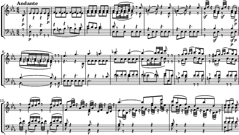 
{
\new StaffGroup << 
\new Staff \with { \magnifyStaff #5/7 } <<
    \new Voice \relative c' {\voiceOne \set Staff.midiInstrument = violin \tempo "Andante" \tempo 4 = 50 \clef treble \key ees \major \time 6/8 \partial 8
bes8\p
ees ees ees ees ees ees
f f f f f f
aes aes aes aes aes aes
aes g16. (bes32 aes16. c32 bes8) r ees8
b4 (c8) r4 ees8
a,4 (bes8) r4 ees8
d32\sf (f) r16 aes,8 (g) d'32\sf (f) r16 aes,8 (g)\p
bes8 (a16 aes g ges f8) r r
ees'4. g
aes a
ces bes4.~
bes4~ bes16 c32 bes32 ees8 r r
r8 g,8 (aes) \appoggiatura { aes32[ bes] } c8. bes16 aes8
r8 fis8 (g) \appoggiatura { g32[ aes] } bes8. aes16 g8
r8 f16 (d ees g) r8 f16 (d ees g)
f,8 c'32 (ees) r16 aes,32 (c) r16 f,32 (aes) r16 d,32 (f) r16 bes,32 (d) r16
bes''4.~ bes8 g ees'
c (aes f) d (bes' d,)
ees-. ees (g) ees
}
    \new Voice \relative c' {\voiceTwo \set Staff.midiInstrument = violin
r4
r4 r4 bes8\p
ees ees ees ees ees ees 
f f f f f f
f ees16. (g32 f16. aes32 g8) r ees
b'4 (c8) r4 ees,8
a4 (bes8) r4 r8
r8 f8 (ees) r8 f8 (ees)\p
g8 (fis16 f e ees d8) r r
r4. r4 bes8
f' f f f f f
aes aes aes aes aes aes
aes8 (g16. bes32 aes16. c32 bes8) r8 r8
r8 g (aes) c8. bes16 aes8
r8 fis (g) bes8. aes16 g8
r8 bes4 r8 bes4
s4. d,8 s8 s8
ees8 ees32 (bes) r16 g'32 (ees) r16 bes'32 (g) r16 ees'32 (bes) r16 g'32 (ees) r16
ees8 c32 (ees) r16 aes,32 (c) r16 f,32 (aes) r16 d,32 (f) r16 bes,32 (c) r16
bes'8-. bes-. bes-. bes
 }  
  >>
\new Staff \with { \magnifyStaff #5/7 } <<
    \new Voice \relative c' {\voiceOne \set Staff.midiInstrument = viola \clef bass \key ees \major \time 6/8 \partial 8
r8
r4. r4. 
r4 r4 r8 ces
ees d c d4.
ees8 r8 r4 r4
r4. r4.
r4. r4.
r8 bes4 r8 bes4\p
bes4.~ bes8 r4
r4. r4.
r4 r4 r8 c8
f f f f f f
f4~ f8 g8 ees, ees'
r8 ees ees ees ees ees
r8 ees ees ees ees ees
r8 d16 (f g ees) r8 d16 (f g ees)
c8 r4 aes8 r4
bes8 r r4 r4
c8 r r4 r4
ees8-. ees-. ees-. ees
 }
    \new Voice \relative c {\voiceTwo \set Staff.midiInstrument = cello
r8
ees\p r r g r r
aes (a bes ces  bes a)
bes4. bes 4.
ees,8 ees ees ees ees ees 
aes, ees' ees ees  ees  ees
g, ees' ees ees ees ees
r8 d\sf ees r d\sf ees\p
bes4.~ bes8 r8 bes
ees ees ees ees ees ees
ees2.
ees'4. d4.
ees8 ees ees ees ees, ees'
b4 c8 r r ees
a,4 bes8 r r ees8
d32 (f) r16 aes,8 (g) d'32 (f) r16 aes,8 (g)
aes8 r4 bes,8 r4
g'8 r r4 r
aes8 r r4 r
ees8-. ees'-. ees-. ees
 } 
   >> >> }
