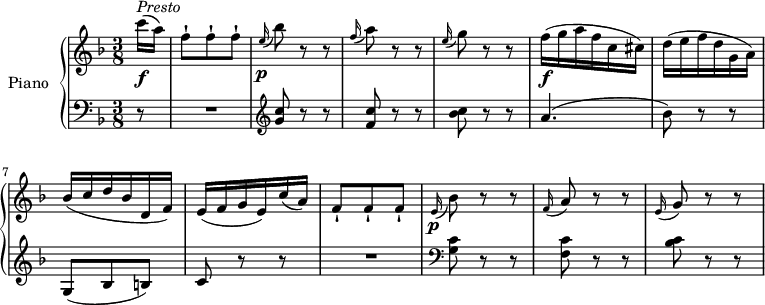 
\version "2.18.2"
\header {
  tagline = ##f
}
upper = \relative c' {
  \clef treble 
  \key f \major
  \time 3/8
  \tempo "Presto"
  \tempo 4 = 130

  \partial 8  c''16 \f ^\markup{ \italic { Presto} } (a)
  f8-! f-! f-!
   \grace e16 \p (bes'8) r r
   \grace f16 (a8) r r
   \grace e16 (g8) r r
   f16\f (g a f c cis)
   d (e f d g, a)
   bes (c d bes d, f)
   e (f g e) c' (a)
   f8-! f-! f-!
    \grace e16 \p (bes'8) r r
   \grace f16 (a8) r r
   \grace e16 (g8) r r
}

lower = \relative c' {
  \clef bass
  \key f \major
  \time 3/8
 \partial 8 r8 R1*3/8 \clef treble
 <g' c>8 r r
 <f c'> r r
 <bes c> r r
 a4. (bes8) r r
 g, (bes b) c r r R1*3/8  \clef bass
 <g c>8 r r
 <f c'> r r
 <bes c> r r
} 

\score {
  \new PianoStaff <<
    \set PianoStaff.instrumentName = #"Piano"
    \new Staff = "upper" \upper
    \new Staff = "lower" \lower
  >>
  \layout {
    \context {
      \Score
      \remove "Metronome_mark_engraver"
    }
  }
  \midi { }
}
