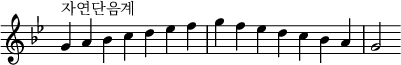  {
\omit Score.TimeSignature \relative c'' {
  \key g \minor \time 7/4 g^"자연단음계" a bes c d es f g f es d c bes a g2
} }
