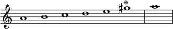 
\relative c'' {  
   \new Staff \with { \remove "Time_signature_engraver" }  
   { \key a \minor \time 1/1 \cadenzaOn a1 b c d e gis^\markup{※} \bar "|" a \bar"|"}
   }
