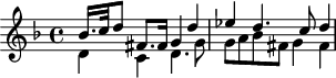 
\version "2.18.2"
\header {
  tagline = ##f
  % composer = "Johann Pachelbel"
  % opus = "Hexachordum Apollinis : Aria quarta"
  % meter = ""
}

\score {
<<
  \relative c'' {
    \key f \major
    \time 4/4
    \override TupletBracket #'bracket-visibility = ##f 

     << { bes16. c32 d8 fis,8. fis16 g4 d' | ees d4. c8 d4 } 
     \\ { d,4 c d4. g8 | g a bes fis g4 fis } >> |

  }
>>
  \layout {
     #(layout-set-staff-size 17)
     \context { \Score \remove "Metronome_mark_engraver" 
     \override SpacingSpanner.common-shortest-duration = #(ly:make-moment 1/2)
     }
  }
}
