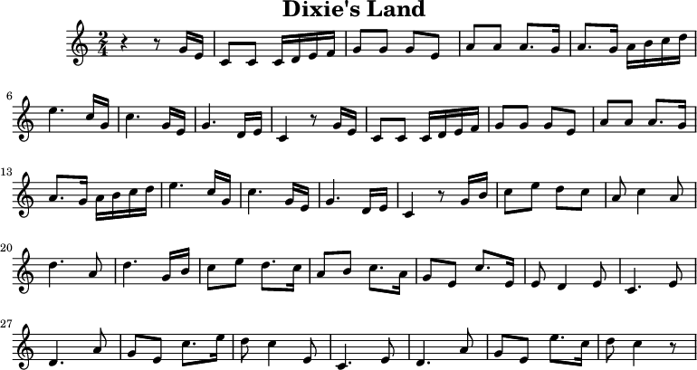 
X:1
T:Dixie's Land
M:2/4
L:1/8
K:C
 z2 zG/2-E/2| CCC/2-D/2 E/2F/2| GG GE| AA A3/2 G/2| A3/2 G/2A/2 B/2c/2 d/2|\
 e3 c/2G/2| c3 G/2E/2| G3 D/2E/2| C2 zG/2-E/2| CCC/2-D/2E/2-F/2| GG GE|\
 AA A3/2 G/2| A3/2 G/2A/2 B/2c/2 d/2| e3 c/2G/2| c3 G/2E/2| G3 D/2E/2|\
 C2 z G/2B/2| ce dc| A c2 A| d3 A| d3G/2-B/2| ce d3/2 c/2| AB c3/2 A/2|\
 GE c3/2 E/2| E D2 E| C3 E| D3 A| GE c3/2 e/2| d c2 E| C3 E| D3 A|\
 GE e3/2 c/2| d c2 z|
