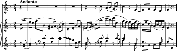 
\version "2.18.2"
\header {
  tagline = ##f
}

upper = \relative c'' {
                 \key f \major
                 \time 2/4
                 \tempo 4 = 60
               \partial 8 c8 (a' f e) g (bes, gis a) g (d')
                e,-. f-. bes-. a-.
                fis (g16) r c8 (a' c bes) d (e, g f)
                f16 (d f d) c (f d bes) a (c bes g)
                f8 r \bar ":|."
            }
   
lower =      \relative c {
                \clef bass 
          
                  \key f \major
                  \time 2/4
                  \clef treble
           \partial 8  r8 <f' a>8 (<g bes>4) r8  \clef bass
           <<{\relative c {\stemDown e8 f4 bes ~  bes8 a e f c d \rest d \rest  fis g4 d8 \rest bes' a4 d,8 \rest bes a bes c c}} 
           \\ \relative c {{ \stemUp c'8 c4 d c2 e,8 s s c' c4 s8 c c4 s8 d, f4. e8}}>>
           f,8 f, \bar ":|."
             }
      
 vl = \relative c'' {
              \key f \major
              \time 2/4
           \partial 4 r4 ^ \markup {\bold {"Andante"} } \repeat unfold 3 { R1 * 2/4 }
           r4 r8 c
           a (bes g c)
           c4 r8 f, ~ f g  f e f r \bar ":|."
          }    
                 
\score {
    \new GrandStaff <<
      \new PianoStaff <<  
        \new Staff = "upper" \upper
        \new Staff = "lower" \lower
    >>
   \new Staff = "vl" \vl
    >>
    
    \layout {
    \context {
      \Score
      \remove "Metronome_mark_engraver"
    }
  }
  \midi { }
}
