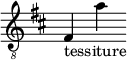 { \new Staff \with { \remove "Time_signature_engraver" } \clef "treble_8" \key b \minor fis_"tessiture" a' }