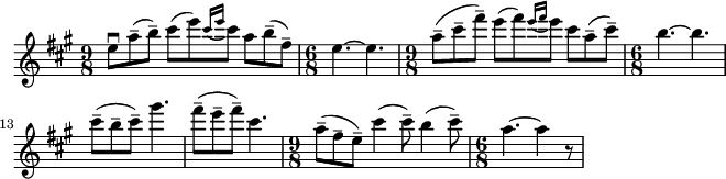 
\layout {
  indent = 0
  ragged-right = ##t
}

<< \new Staff
 \relative c'' {
    \set Staff.midiInstrument = #"string ensemble 1"
    \set Score.barNumberVisibility = #all-bar-numbers-visible
    \set Score.currentBarNumber = #9
    \key a \major
    \tempo 4. = 55
    \set Score.tempoHideNote = ##t
    \time 9/8  \downbow e8 a-- (b--) cis [(e) \grace {cis16 (e16} cis8)] a b-- (fis--)
    \time 6/8  e4.~ 4.
    \time 9/8  a8-- (cis-- fis--) e [(fis) \grace {e16 (fis16} e8)] cis a-- (cis--)
    \time 6/8  b4.~ 4.
  \break
    cis8-- (b-- cis--) gis'4.
    fis8-- (e-- fis--) cis4.
    \time 9/8  a8-- (fis-- e--) cis'4 (cis8--) b4 (cis8--)
    \time 6/8  a4.~ 4 r8
}
>>
