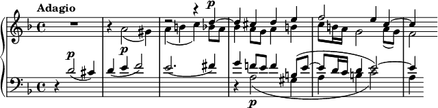 
    { \new PianoStaff <<
        \new Staff <<
            \tempo Adagio
            \set Staff.midiInstrument = #"clarinet"
            \new Voice \relative c'' {
                \set Score.tempoHideNote = ##t \tempo 4 = 46
                \stemUp \clef treble \key d \minor \time 4/4
                s1 s1 r2 r4 d^\p^~ d cis d e f2 e4 c^~ c4
                }
            \new Voice \relative c'' {
                \stemDown
                R1 r4 a2\p_( gis4) a_( b c) bes8 a bes4 a8 g a4 b c8 b16 a g2 a8_( g) f2
                }
            >>
        \new Staff <<
            \set Staff.midiInstrument = #"bassoon"
            \mergeDifferentlyHeadedOn
            \mergeDifferentlyDottedOn
            \new Voice \relative c' {
                \stemUp \clef bass \key d \minor \time 4/4
                r4 d2^\markup {\dynamic p}( cis4) d( e f2) e2.( fis4) g f!8 e f4 b,8^( e^~ e8 d16 c d4 e2^~) e4
                }
            \new Voice \relative c' {
                \stemDown
                s1 s1 s1 r4 a2\p_( gis4 a b c2) a4
                }
            >>
    >> }
