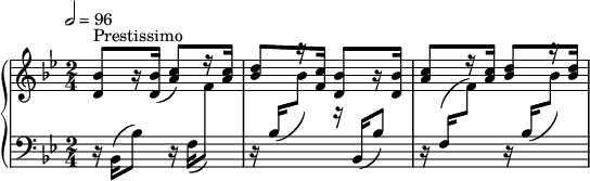 
\version "2.18.2"
\header {
  tagline = ##f
}
upper = \relative c'' {
  \clef treble 
  \key bes \major
  \time 2/4
  \tempo 2 = 96
  %\autoBeamOff

   %%Cramer — Étude 37 (pdf p. 73)
   \stemUp < bes d, >8[^\markup{Prestissimo} r16 < bes d, >16]( < c a >8)[ r16 < c a >16] < d bes >8[ r16 < c f, >16] < bes d, >8[ r16 < bes d, >16]( < c a >8[ r16 < c a >16]
   < d bes >8[ r16 < d bes >16]
   
}

lower = \relative c {
  \clef bass
  \key bes \major
  \time 2/4

   r16 bes16( bes'8) r16 f16_( \stemDown \change Staff = "upper" f'8) \stemUp \change Staff = "lower" r16 bes,16_( \stemDown \change Staff = "upper" bes'8) r16 \stemUp \change Staff = "lower" bes,,16( bes'8) r16 f16( \stemDown \change Staff = "upper" f'8) \stemUp \change Staff = "lower" r16 \stemUp \change Staff = "lower" bes,16_( \stemDown \change Staff = "upper" bes'8)

}

  \header {
    piece = ""
  }

\score {
  \new PianoStaff <<
    \new Staff = "upper" \upper
    \new Staff = "lower" \lower
  >>
  \layout {
    \context {
      \Score
      
    }
  }
  \midi { }
}
