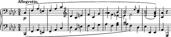 
 \relative c' {
  \new PianoStaff <<
   \new Staff { \key f \minor \time 3/4 \tempo "Allegretto." \partial 4 \clef bass
    <<
     {
      c,4( f aes e f aes c \clef treble des bes e f c g'
      aes2 bes4 <c aes>2 \grace es8 <des bes>4 <c aes es>2_\( <bes g des>4) \) <aes c,> b\rest
     }
    \\
     { s4 s2. s s s aes4 f es!~ es f2 }
    >>
   }
   \new Dynamics {
    s4\p
   }
   \new Staff { \key f \minor \time 3/4 \clef bass \partial 4
    <<
     {
      c,,_\( f aes e f aes c \stemDown des \stemUp bes \stemDown e f \stemUp c \stemDown g'
      aes f <bes g> aes f\) des es \stemUp es, es aes-. aes,-.
     }
    \\
     { s4 s2. s s s s \stemUp <c'' aes>2 }
    >>
   }
  >>
 }
