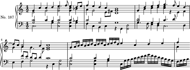 
\version "2.14.2"
\header {
  tagline = ##f
}
upper = \relative c'' {
  \clef treble 
  \key a \minor
  \time 4/2
  \tempo 2 = 62
  \autoBeamOff
  \set fontSize = #-1
  \set Staff.midiInstrument = #"dulcimer"

    << { g4 c c d e4. f8 e4 d8 e } \\ { e,2 g << g c >> << g4 c >> bes } >> 
    << { f'4 e d c b1 } \\ { a4 g2 e8 fis << d1 g >> } >> 
    << { g4 d' e f g4. f8 e4 d~ } \\ { s4 b c d << c e >> r4 e,4 f } >> 
    << { d'8 c c2 b4 c1 } \\ { g4 a g4. f8 <<e1 g >> } >> 
    << { g8 a16 b   c b c d    c d e c   d e f d   e4 c d e } \\ {} >>
    << { f4 } \\ { a,4 } >>  
}

lower = \relative c {
  \clef bass
  \key a \minor
  \time 4/2
  \set Staff.midiInstrument = #"dulcimer"

    << { << c'2 g >> c4 b c2 c4 bes } \\ { c,2. g'4 << c,2 g' >> << c,4 g' >> g } >> 
    << { c2 g g1 } \\ { f4 c b c r4 g << d'2 g, >> } >> 
    << { << d''2 b >> g4 f c'4. d8 } \\ { g,4. f8 e4 d c2. d4 } >> 
    << { s4 f'8 e d c d4 c1 } \\ { e,4 f g2 r4 c,4 << g'2 c, >> } >> 
    << { c'2 c4 b } \\ { << g2 c,2 >> << g'4 c,4 >> g'4 } >> 
     c,16 g' a b   c d e f   g f e d   c b a g   f g a b
}

\score {
  \new PianoStaff <<
    \set PianoStaff.instrumentName = #"No. 187"
    \new Staff = "upper" \upper
    \new Staff = "lower" \lower
  >>
  \layout {
    \context {
      \Score
      \remove "Metronome_mark_engraver"
    }
  }
  \midi { }
}
