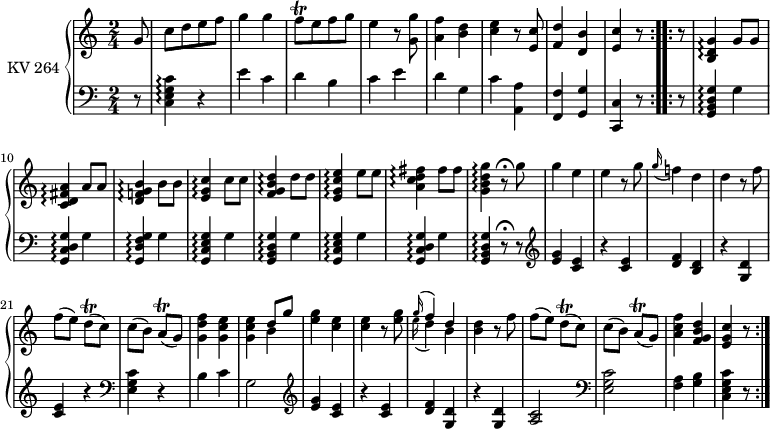 
\version "2.18.2"
\header {
  tagline = ##f
}
upper = \relative c'' { 
        \version "2.18.2"
         \clef "treble"          
         \key c \major
         \time 2/4 
         \tempo 4 = 120                 
         \set Staff.midiInstrument = #"piano"

  \repeat volta 2 {
   \partial 8 g8 c [d e f ]
   g4 g
   f8\trill [e f g]
   e4 r8 <g, g'>8
   <a f'>4 < b d>
   <c e> r8 <e, c'>8
   <f d'>4 <d b'> <e c'> r8
          }
  \repeat volta 2 { 
    r8
    <b d g>4 \arpeggio  g'8 g
    <c, d fis a>4 \arpeggio  a'8 a
    <d, f! g b>4 \arpeggio  b'8 b
    <e, g c>4 \arpeggio  c'8 c 
    <f, g b d>4 \arpeggio  d'8 d
    <e, g c e>4 \arpeggio  e'8 e
    <a, c d fis>4 \arpeggio  fis'8 fis
    <g, b d g>4 \arpeggio r8\fermata g'
    g4 e
    e r8 g
   \grace g16  (f!4) d
    d r8 f
    f (e) d\trill (c)
    c (b) a\trill (g)
   <g  d' f>4 <g c e>
   <g c e> <<{d'8 g} \\ {b,4}>>
   <e g>4 <c e>
   <c e> r8 <e g>8
   <<{\grace g16 (f4) d} \\ {\grace  e16 ( d4) b}>>
   <b d> r8 f'
   f (e) d\trill  (c)
   c (b) a\trill  (g)
   <a c f>4  <f g b d>
   <e g c> r8
       }
}

lower = \relative c {
        \clef "bass" 
        \key c \major
        \time 2/4 
        \set Staff.midiInstrument = #"piano"
  
  \repeat volta 2 { 
     r8
     <c e g c>4 \arpeggio r4
   e' c d b c e d g, c <a, a'> <f f'> <g g'> <c, c'> r8
  } 
  \repeat volta 2 {
     r8 
     <g' b d g>4 \arpeggio g'
     <g, c d g> \arpeggio g'
     <g, d' f g>4 \arpeggio g'
     <g, c e g>4 \arpeggio g'
     <g, b d g>4 \arpeggio g'
     <g, c e g>4 \arpeggio g'
     <g, c d g>4 \arpeggio g'
     <g, b d g>4 \arpeggio r8\fermata r8 \clef "treble"
     <e'' g>4 <c e>
     r <c e>
     <d f> <b d>
     r <g d'>
     <c e> r \clef "bass"
     <e, g c> r
     b' c
     g2 \clef "treble"
     <e' g>4 <c e>
     r <c e>
     <d f> <g, d'>
     r <g d'>
     <a c >2 \clef "bass"
     <e g c>2
     <f a>4 <g b>
     <c, e g c> r8
  }   
}

\score {
  \new PianoStaff <<
    \set PianoStaff.instrumentName = #"KV 264"
    \new Staff = "upper" \upper
    \new Staff = "lower" \lower
  >>
  \layout {
    \context {
      \Score
      \remove "Metronome_mark_engraver"
    }
  }
  \midi { }
}
