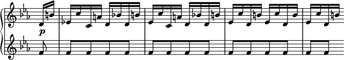 
 \relative c' {
  \new PianoStaff <<
   \new Staff \with { \remove "Time_signature_engraver" } { \key es \major \time 2/4 \partial 8
    d16 b' es,! c' c, a' d, bes'! d, b' es, c' c, a' d, bes'! d, b'
    es, c' d, b' es, c' d, b' es, c' d, b' 
   }
   \new Dynamics {
    s4\p
   }
   \new Staff \with { \remove "Time_signature_engraver" } { \key es \major \time 2/4 \partial 8
    f8 | f[ f f f] | f[ f f f] | f[ f f f] | f f
   }
  >>
 }
